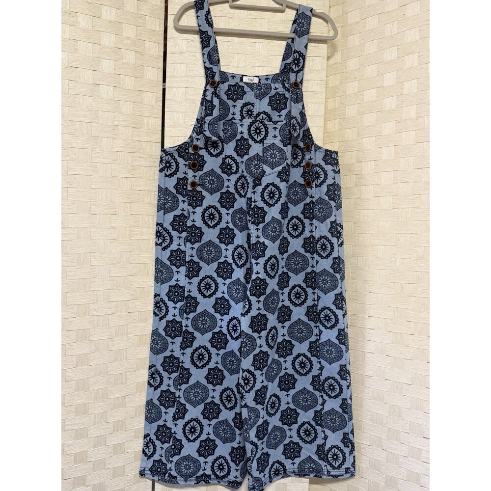 Easel Romper Blue Black Medallion Denim Overalls Size S NWT